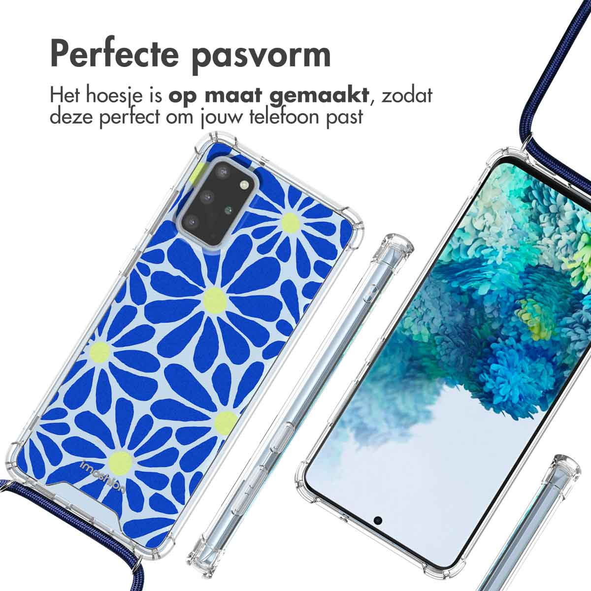Téléphone dans un étui avec un motif de fleurs bleues, à côté d'un autre téléphone. Texte: 'Ajustement parfait'.