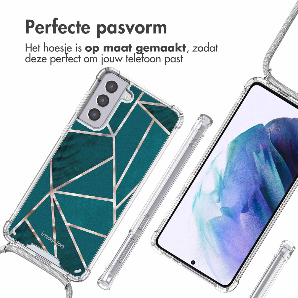 Un étui de téléphone au design sarcelle et or, avec téléphone et cordon.