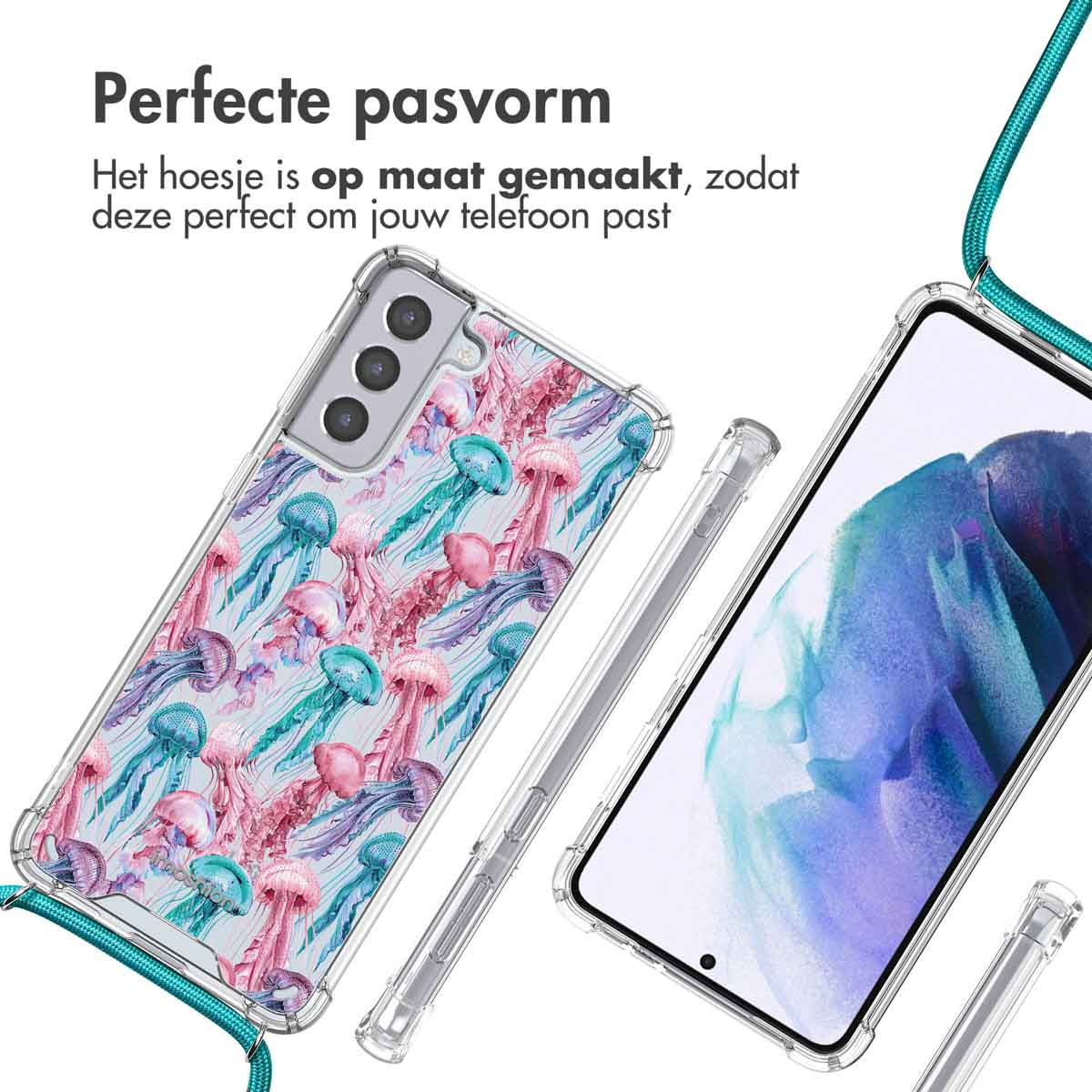Téléphone dans étui avec motif méduses, étui transparent, sangle bleue. Autres étuis transparents.