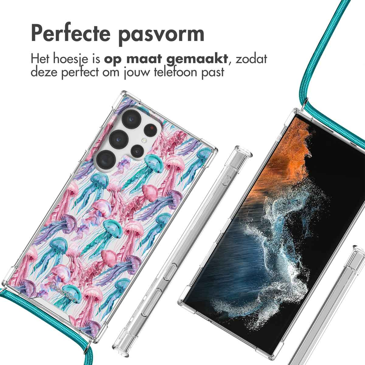 Transparante hoes met kwallenpatroon, past om smartphone. Blauw koord.