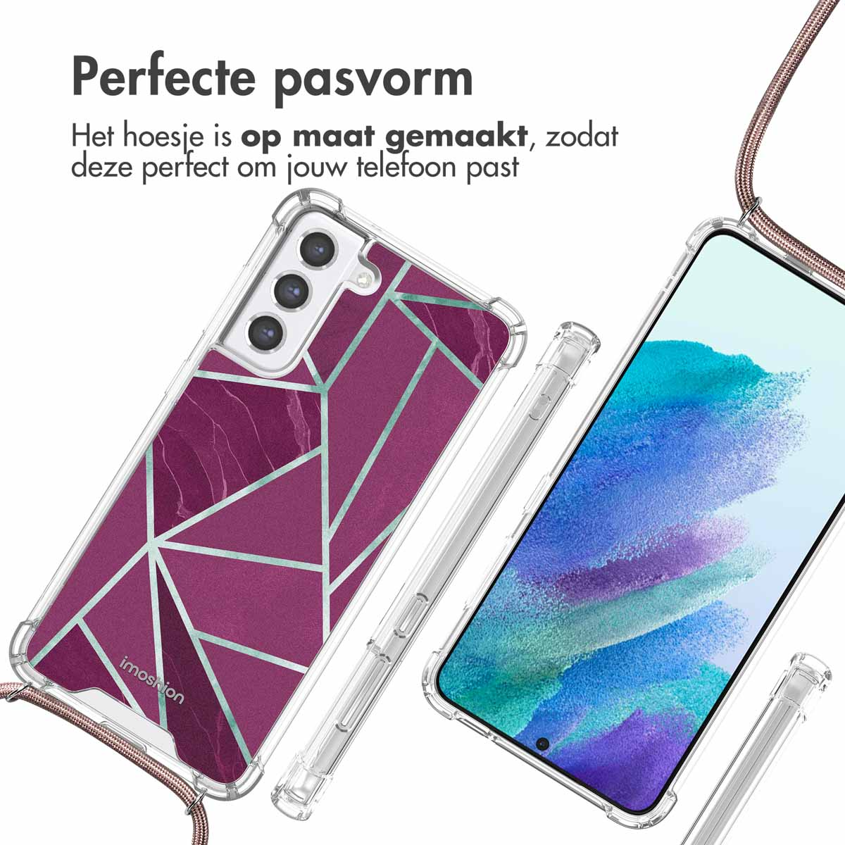 Coque de téléphone avec un motif marbre rose. Coque transparente, ajustement parfait. Une autre coque à côté.