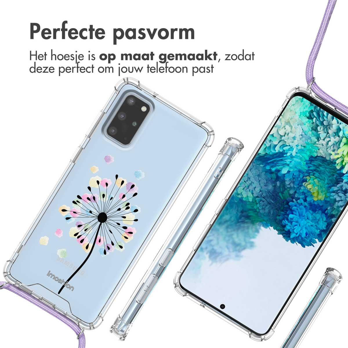 Un téléphone dans une coque transparente avec un motif de pissenlit, avec le texte "Ajustement parfait".