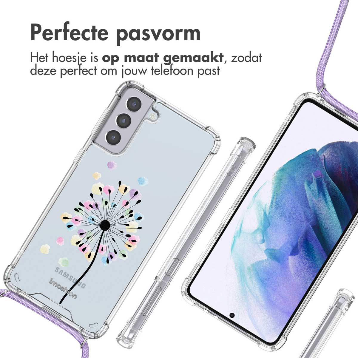 Coque de téléphone transparente avec motif de pissenlit, cordon violet. Téléphone et coque en angle.