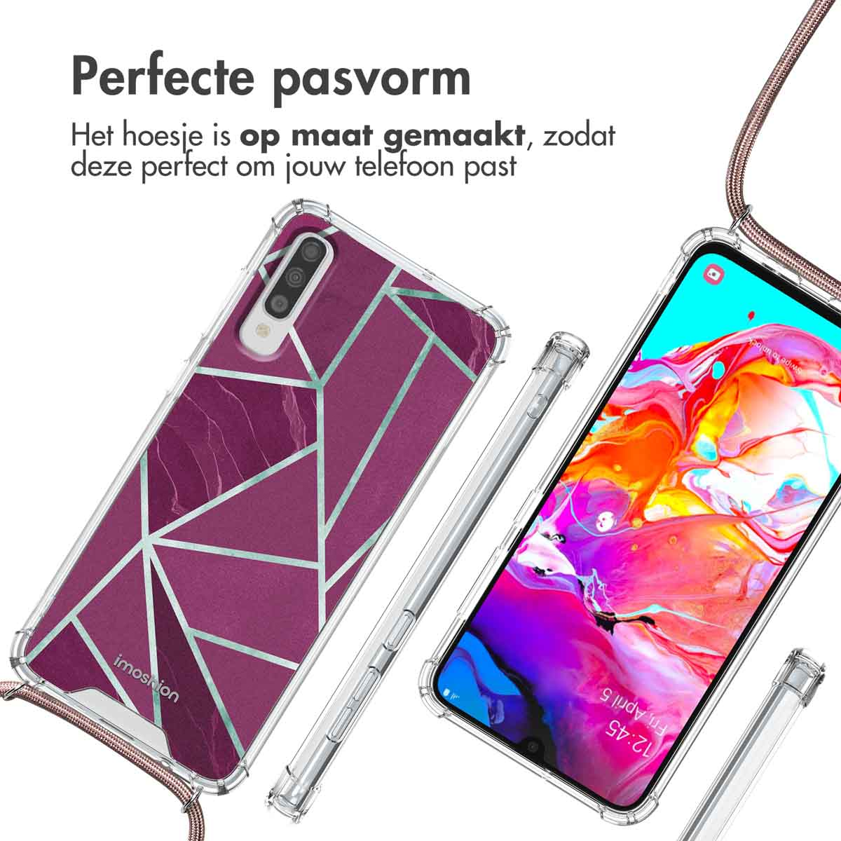 Deux téléphones dans des étuis, un motif géométrique violet, un transparent.  Bracelets.