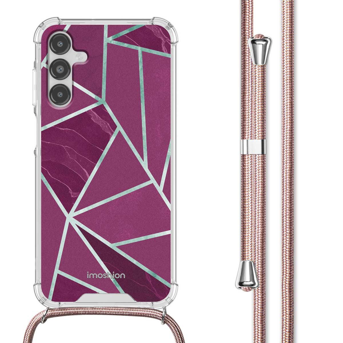 Paars telefoonhoesje met geometrisch patroon en koord.