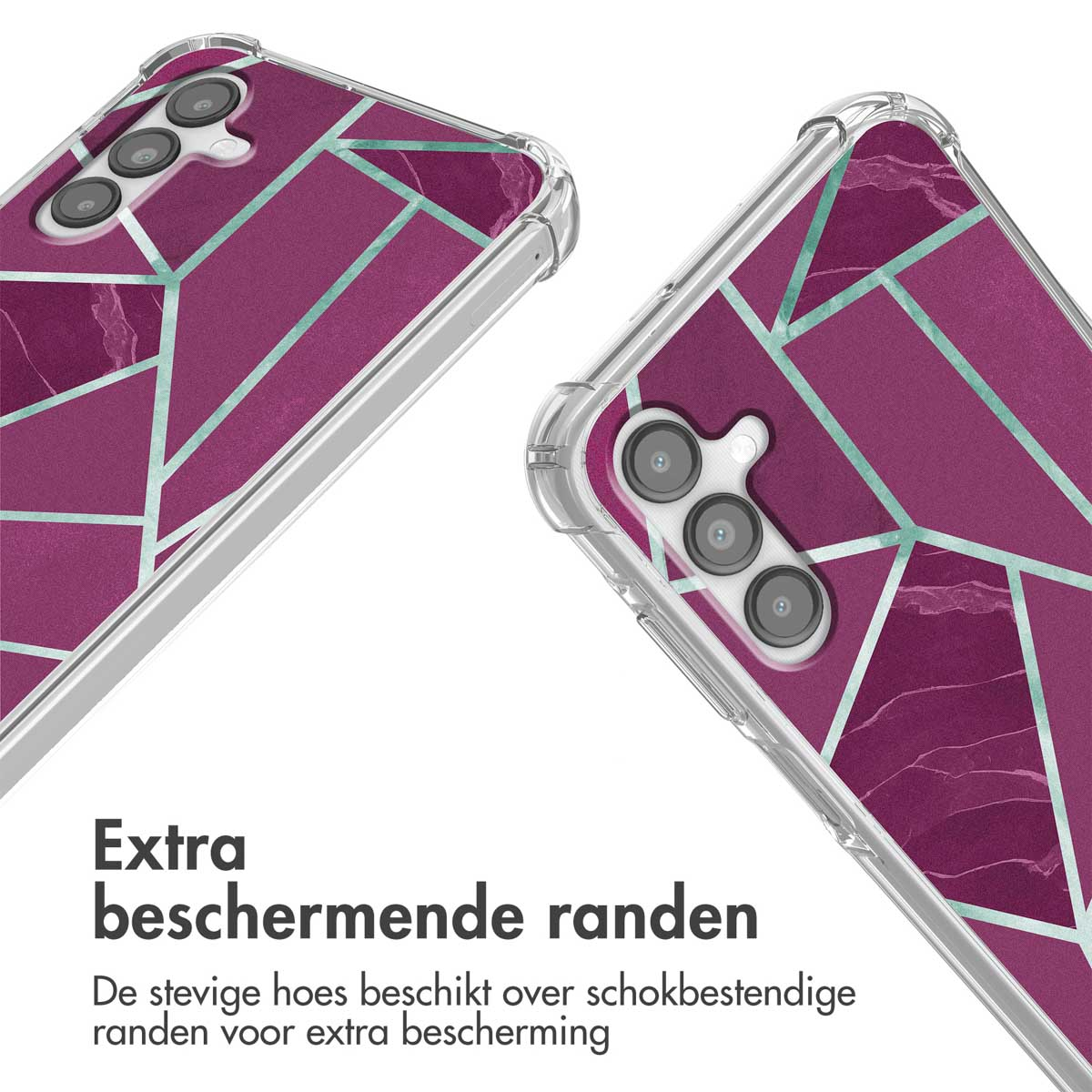 Paarse telefoonhoes met marmerpatroon en geometrische lijnen. Camerlenzen zijn zichtbaar.