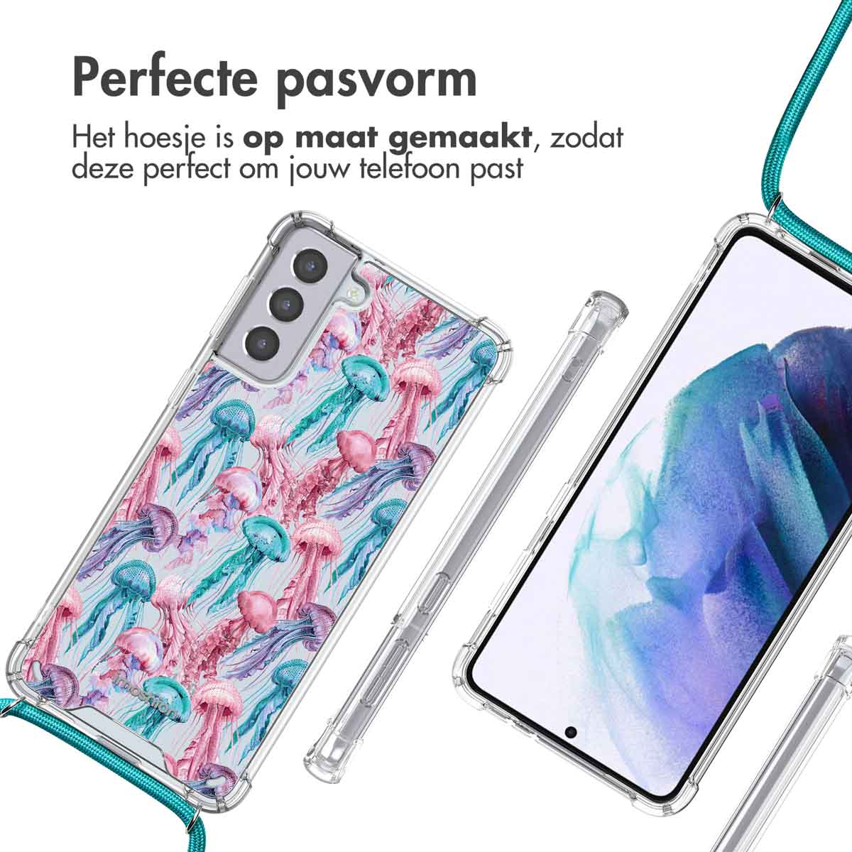 Transparante telefoonhoes met kwallenprint, aan een telefoon.
