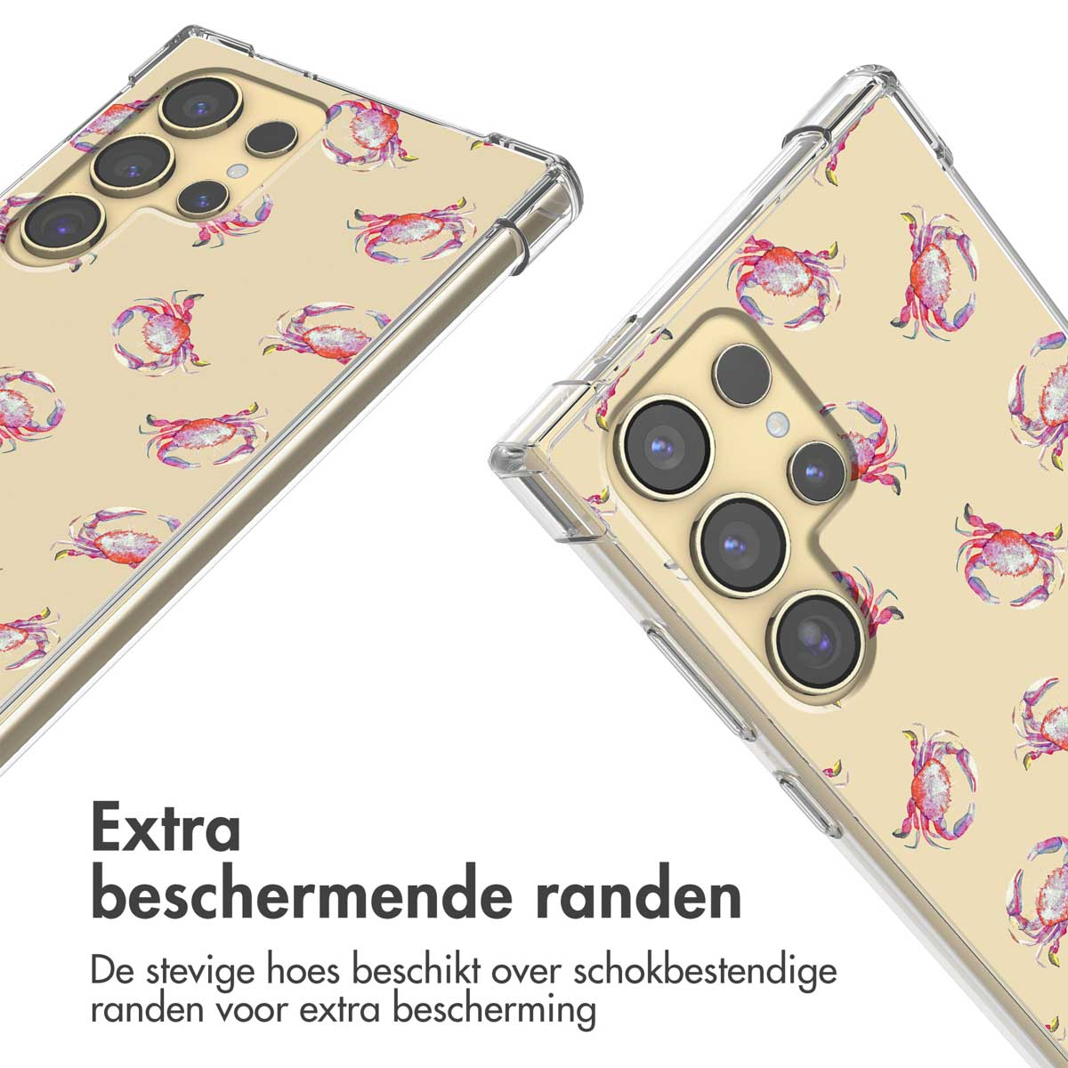 Transparante telefoonhoes met rood krabbenpatroon op beige achtergrond.