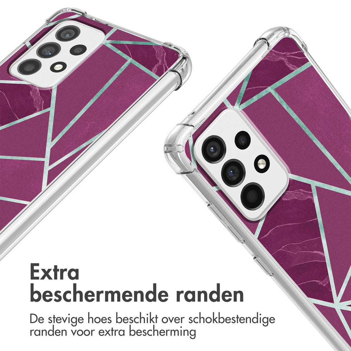 Paarse marmeren telefoonhoes met vier camera's en duidelijke beschermranden.