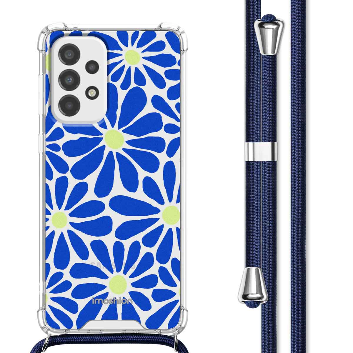 Une coque de téléphone transparente avec des fleurs bleues et blanches et une lanière bleue.