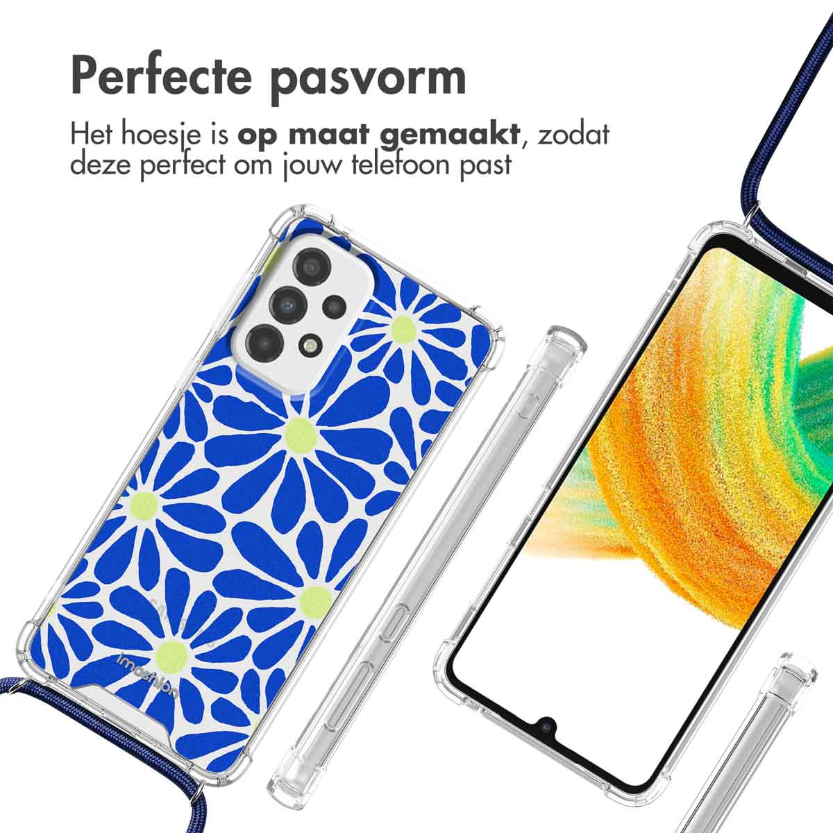 Coque de téléphone transparente à motif floral bleu, montrant un smartphone.
