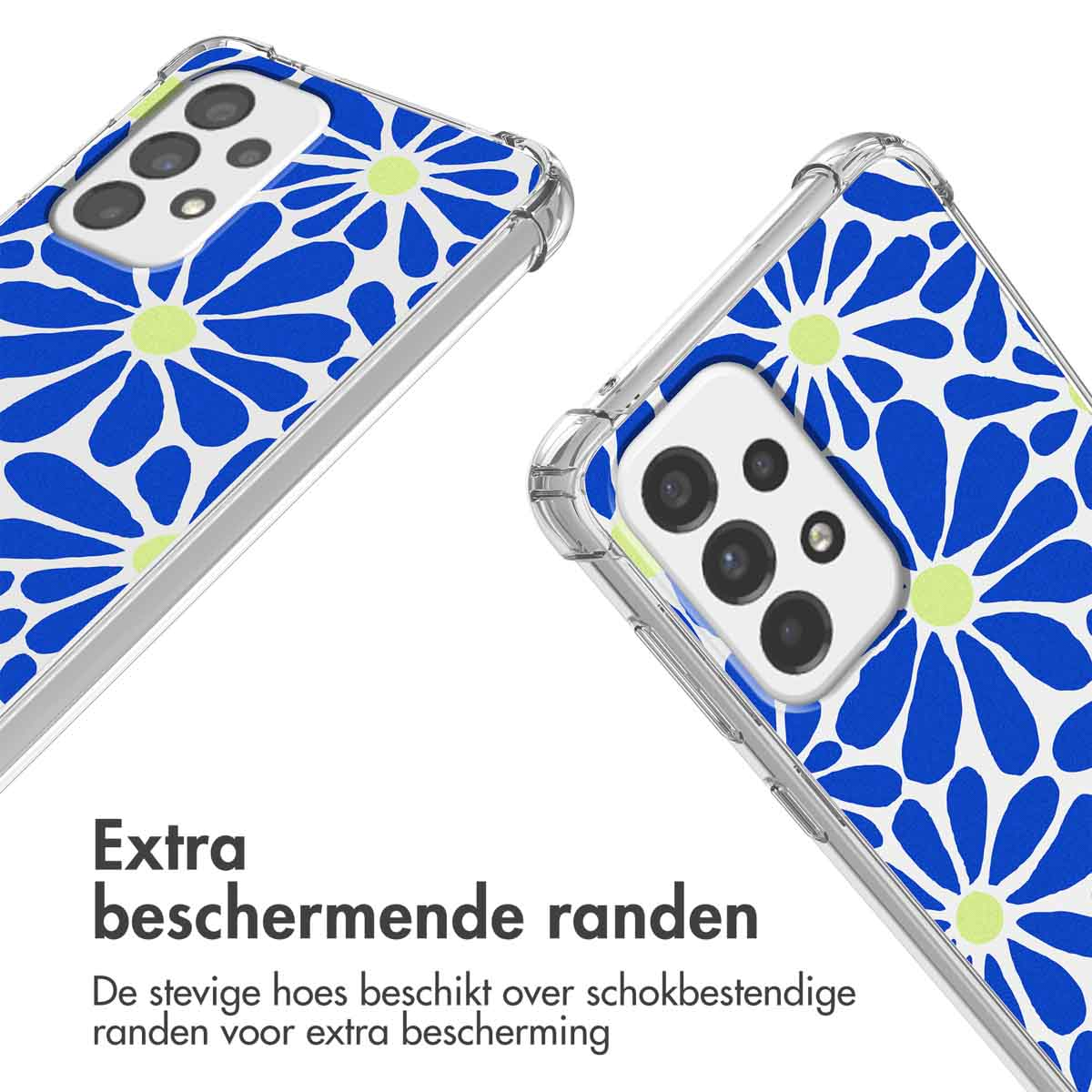 Deux coques de téléphone avec motif floral bleu et jaune et bords transparents.