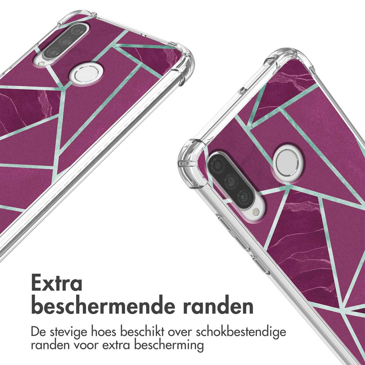 Twee doorzichtige telefoonhoesjes met paars marmerpatroon en geometrische lijnen.