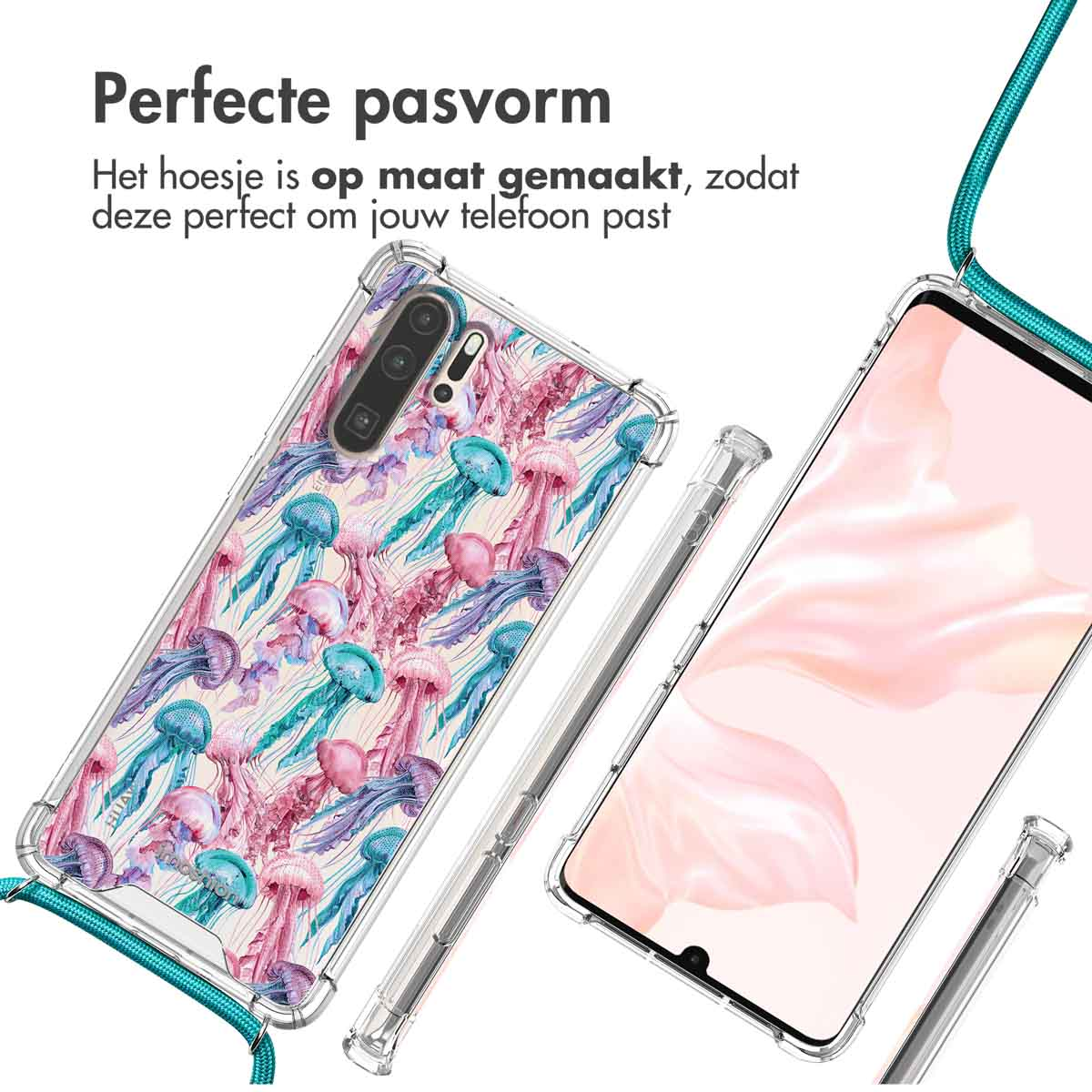 Doorzichtige telefoonhoes met kwallenpatroon en blauw koord.