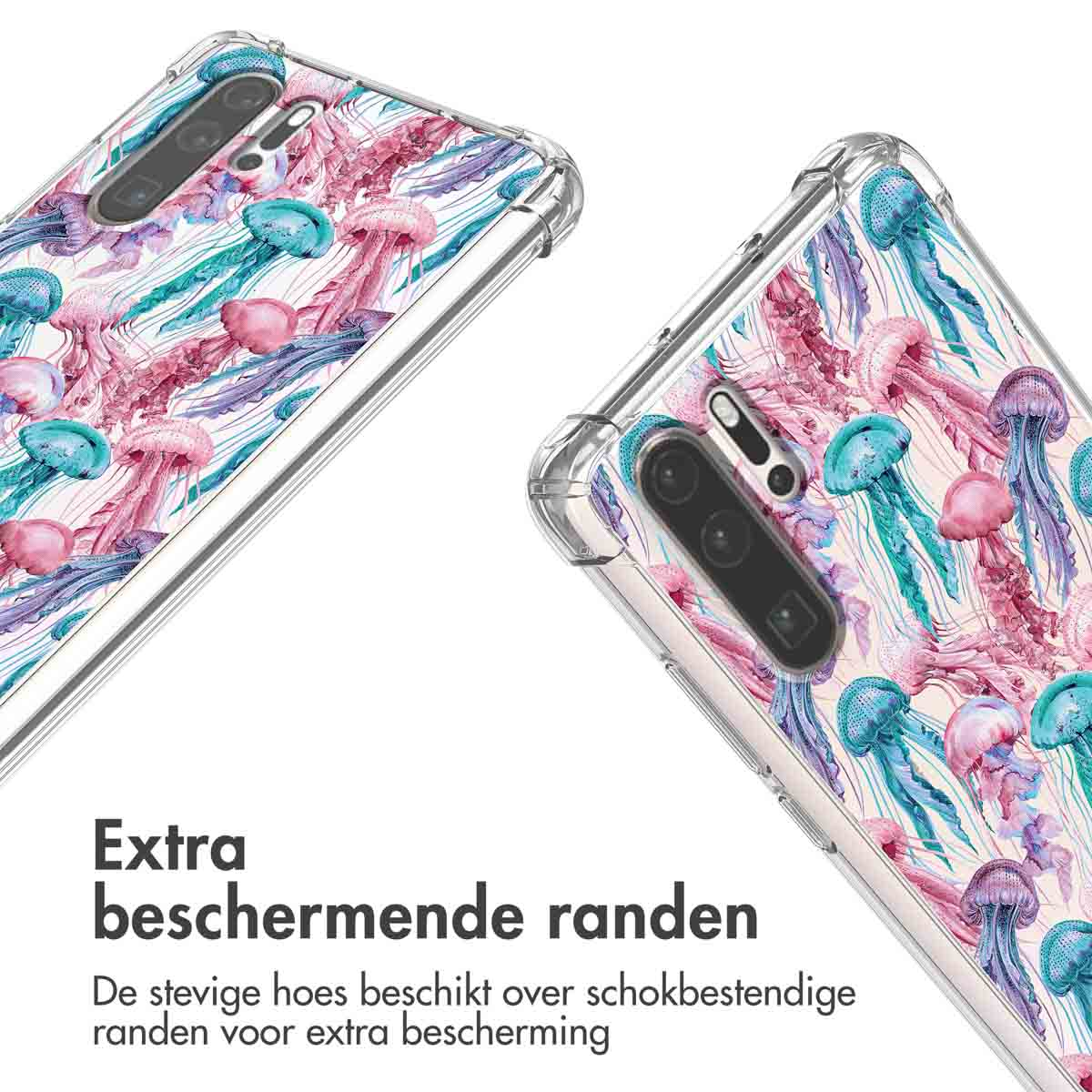 Twee telefoonhoesjes met roze en blauwe kwallenprint op witte achtergrond.