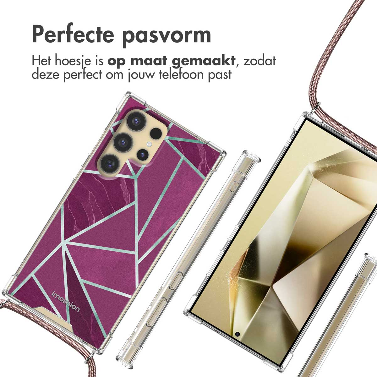 Telefoon in een hoesje met geometrisch design, naast een andere telefoon. Tekst: 'Perfecte pasvorm'.