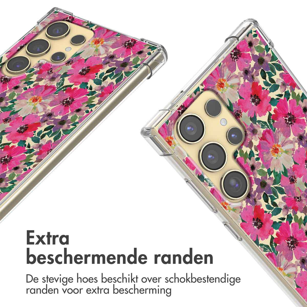 Twee transparante telefoonhoesjes met roze bloemenpatroon op witte achtergrond.
