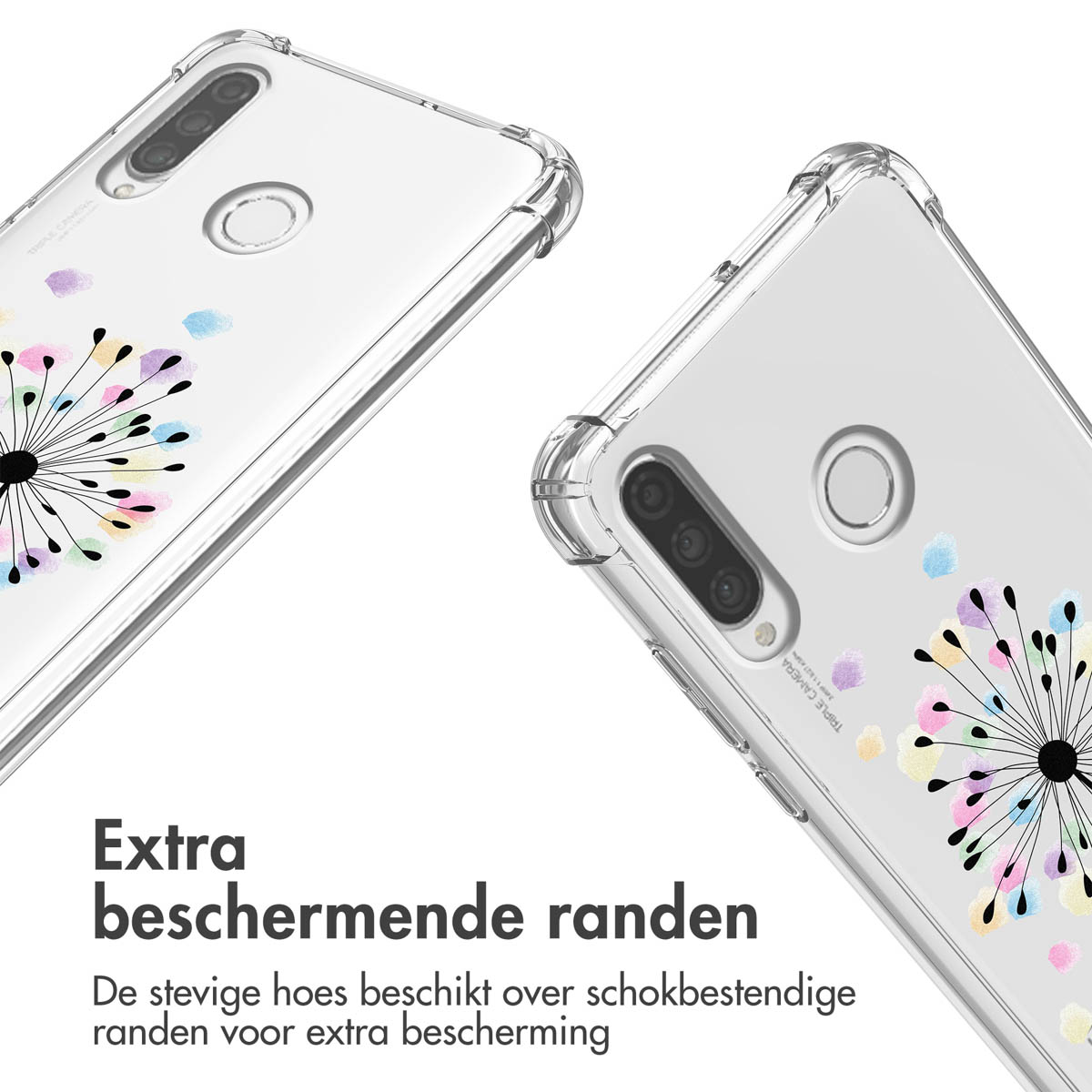 Twee doorzichtige telefoonhoesjes, met een paardenbloemontwerp en de tekst "Extra beschermende randen".
