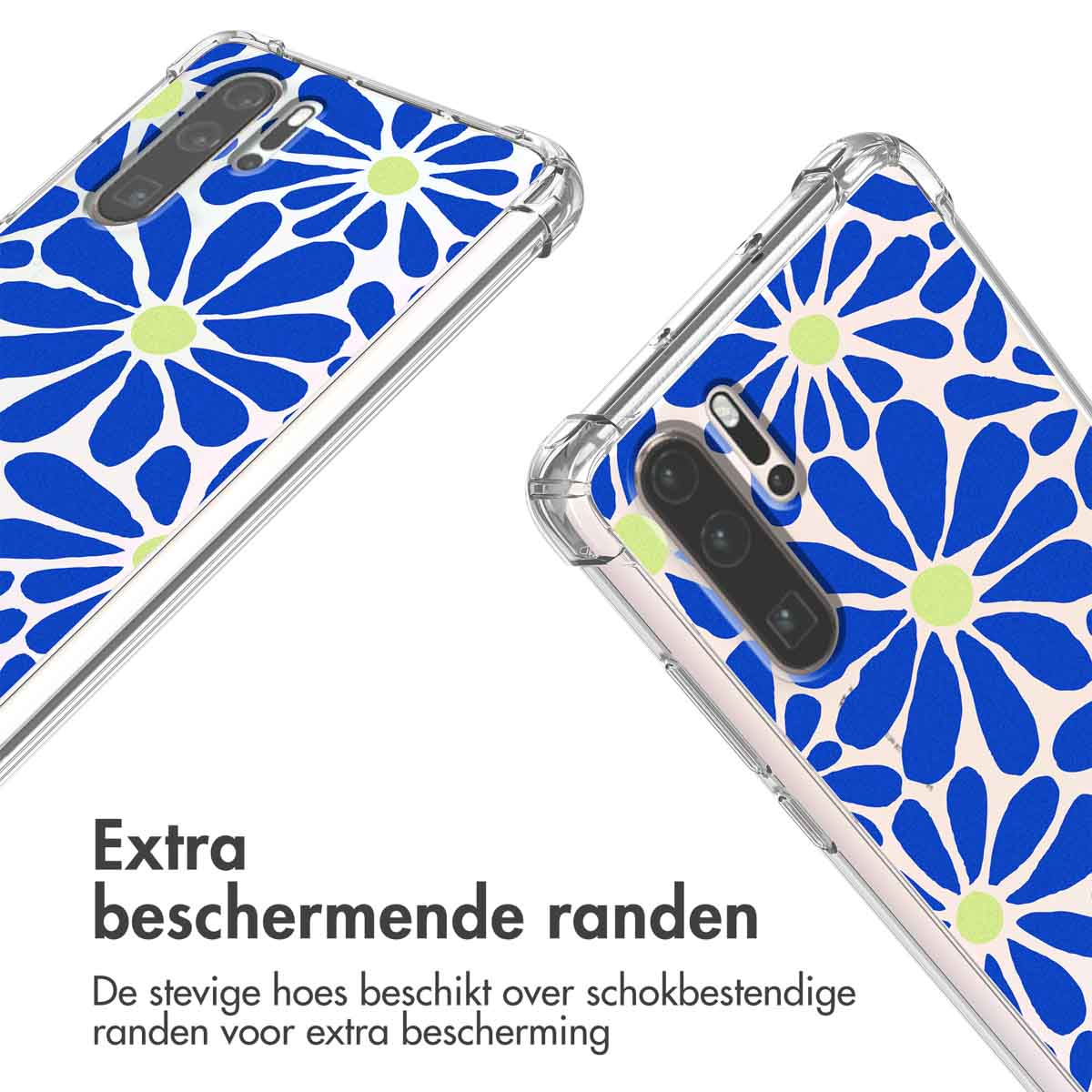 Twee telefoonhoesjes met blauwgroene bloemenpatronen en doorzichtige randen.