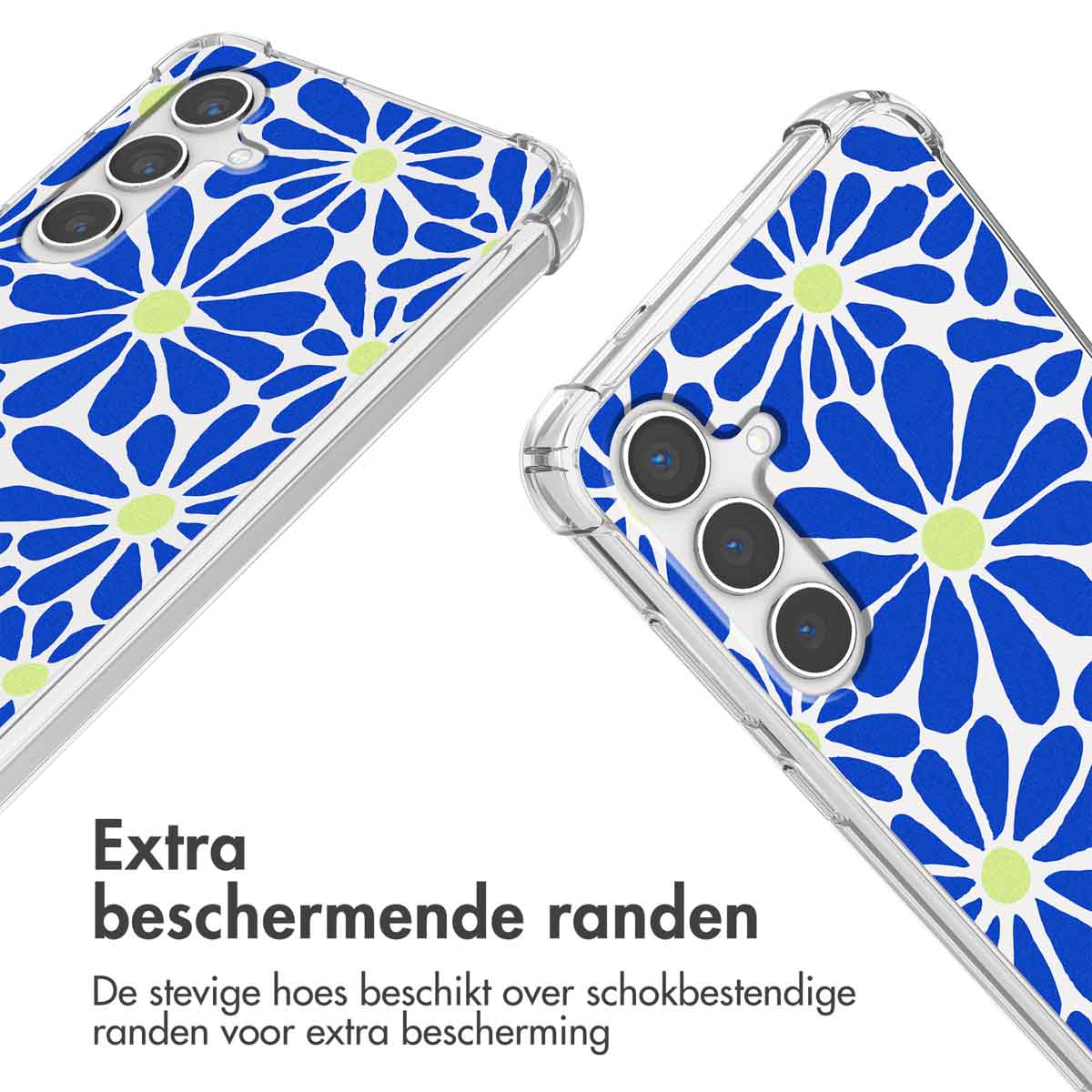 Deux coques de téléphone à motif floral bleu et vert. Coques transparentes aux coins renforcés.