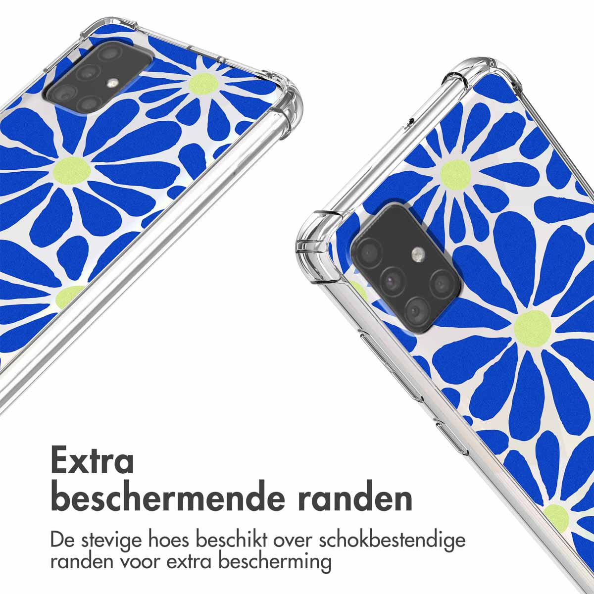 Custodia trasparente per telefono con motivo floreale blu e protezione extra.