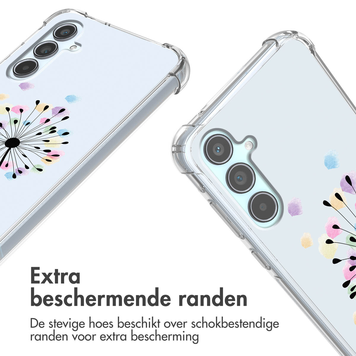 Coque de téléphone transparente avec motif pissenlit coloré et bords renforcés.