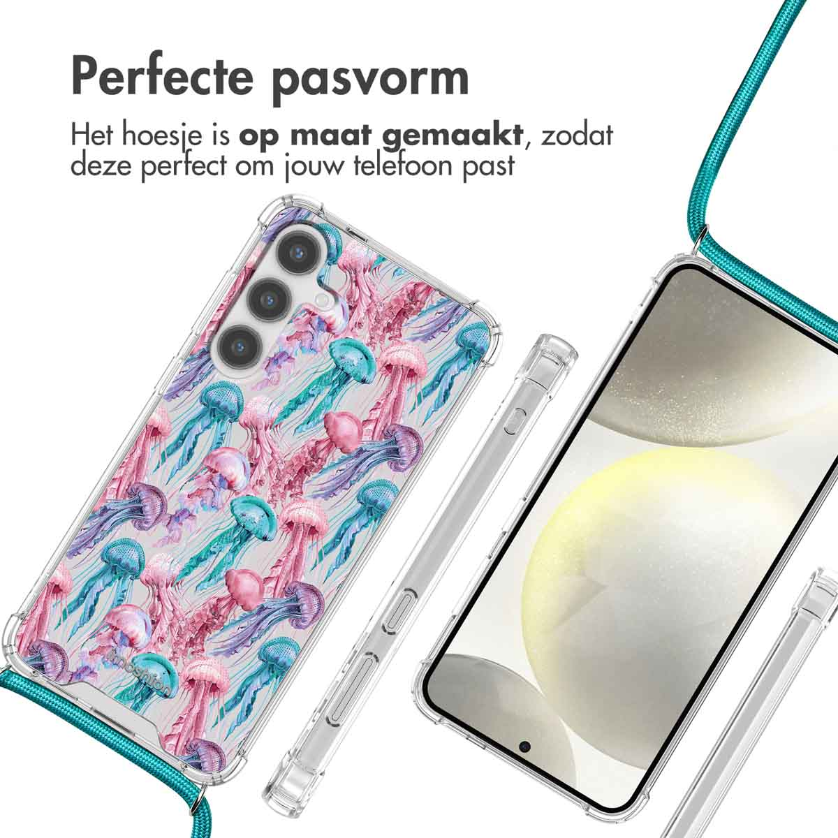 Coque de téléphone transparente avec imprimé méduse, lanière et téléphone.