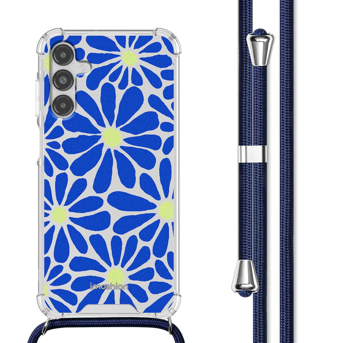 Transparante telefoonhoes met blauw-geel bloemenpatroon en donkerblauw koord.