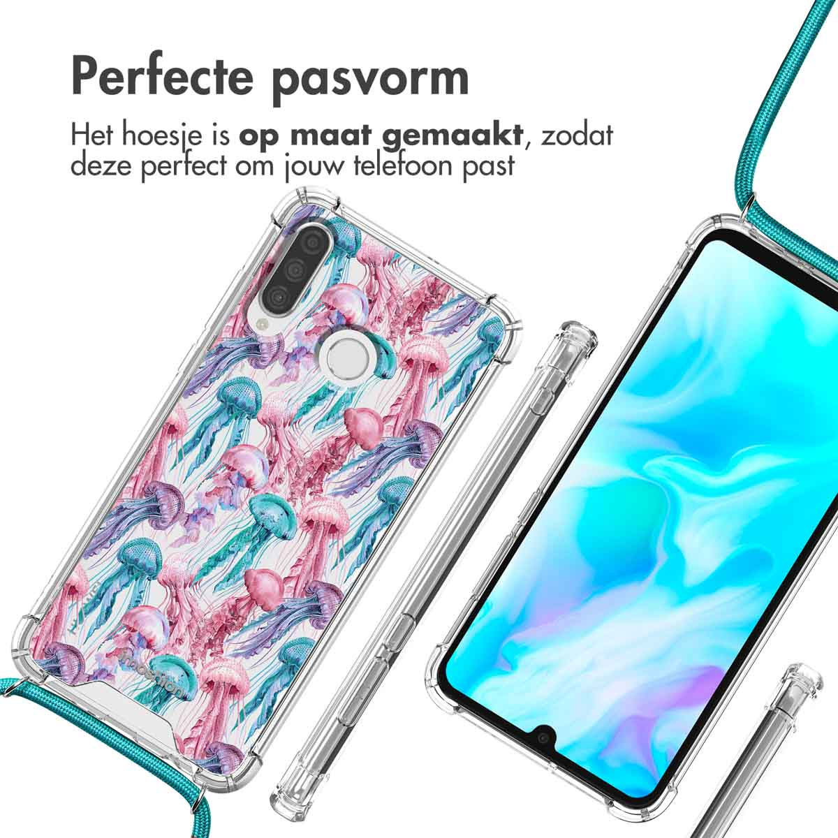 Transparante hoes met kwallenpatroon, naast een smartphone.