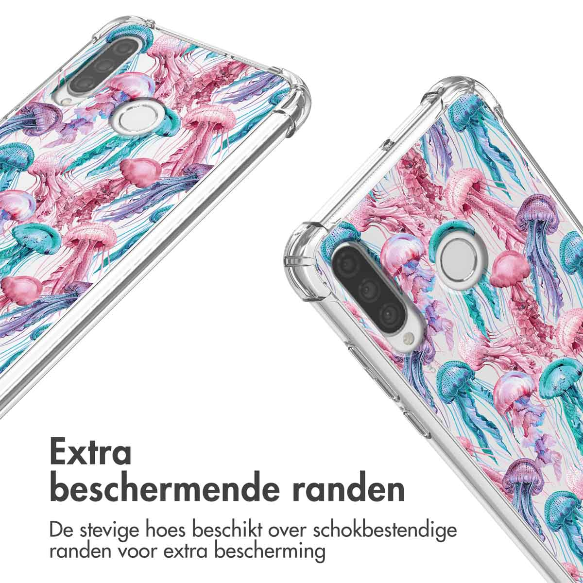 Twee transparante telefoonhoesjes met roze en blauwe kwallenprint.