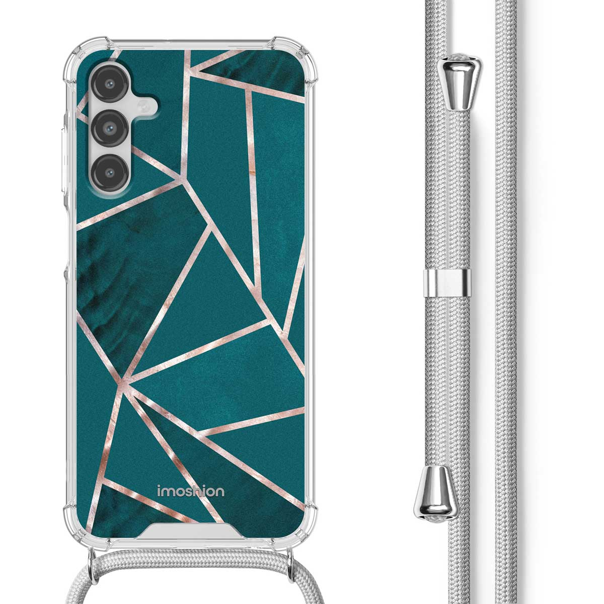 Une coque de téléphone transparente avec un motif géométrique bleu sarcelle et or rose avec un cordon.