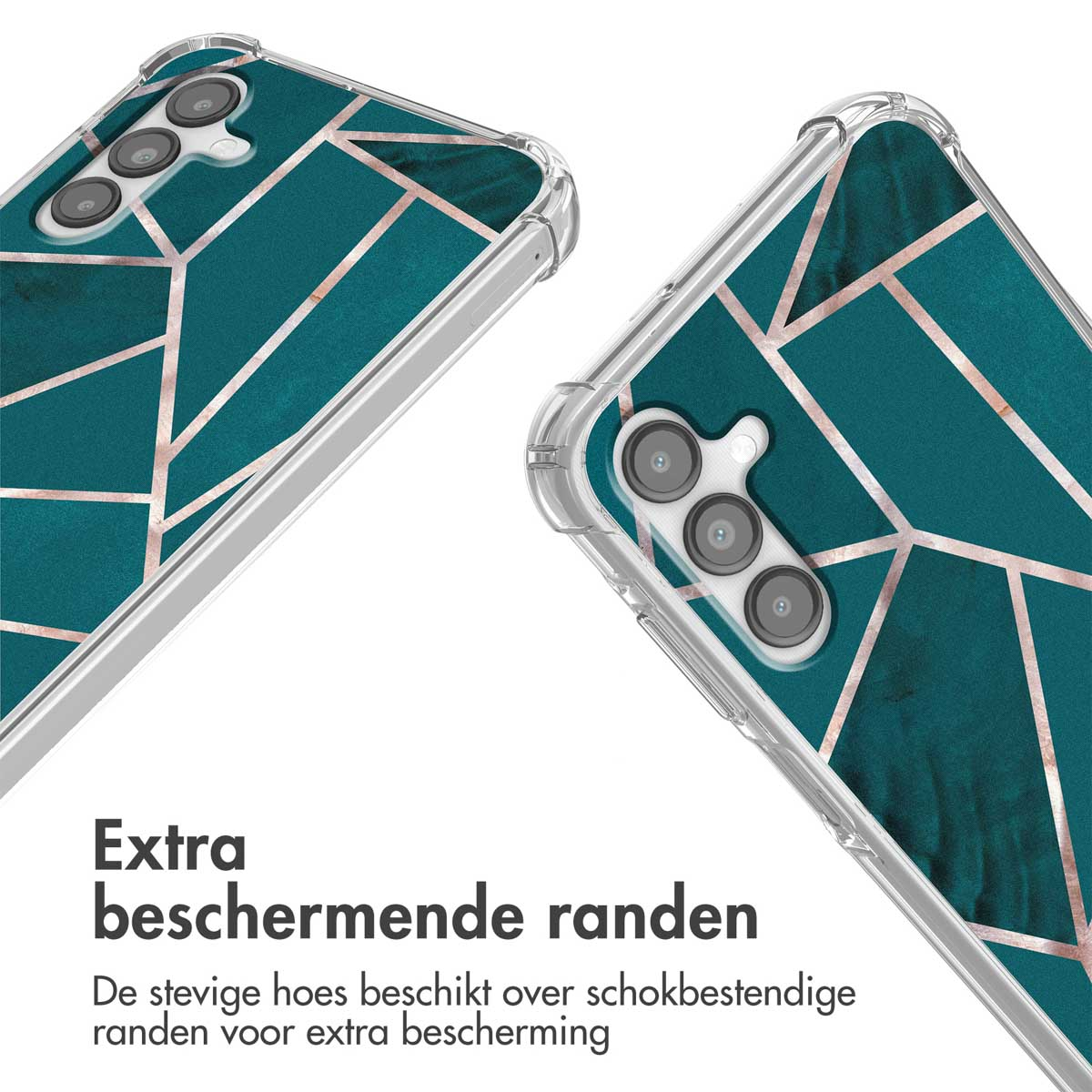 Une coque de téléphone bleu sarcelle à motif géométrique et bords protecteurs.