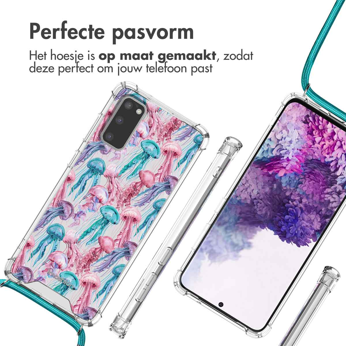 Doorzichtige telefoonhoes met kwallenprint en turquoise koord.