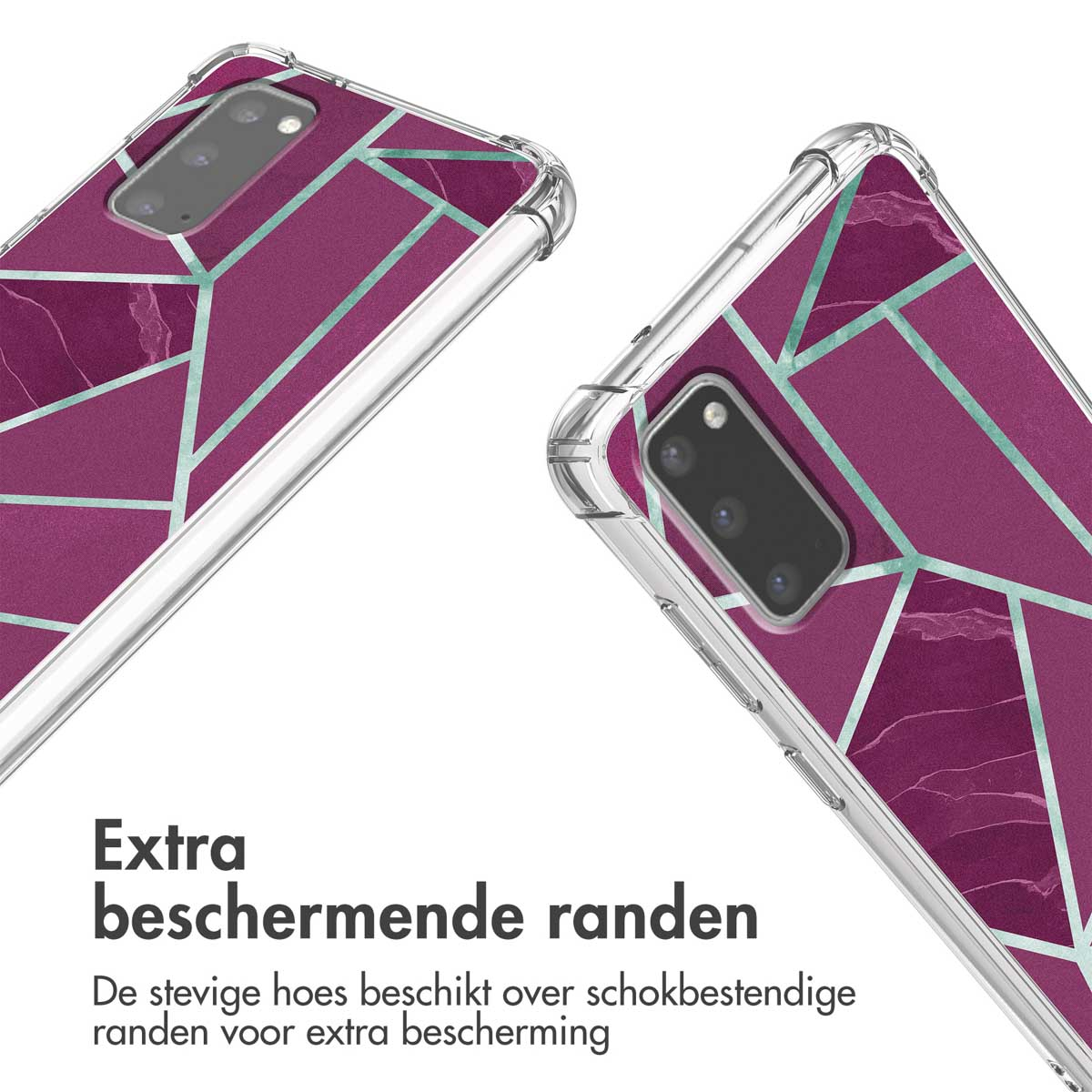 Paarse telefoonhoes met geometrisch patroon en beschermende randen.
