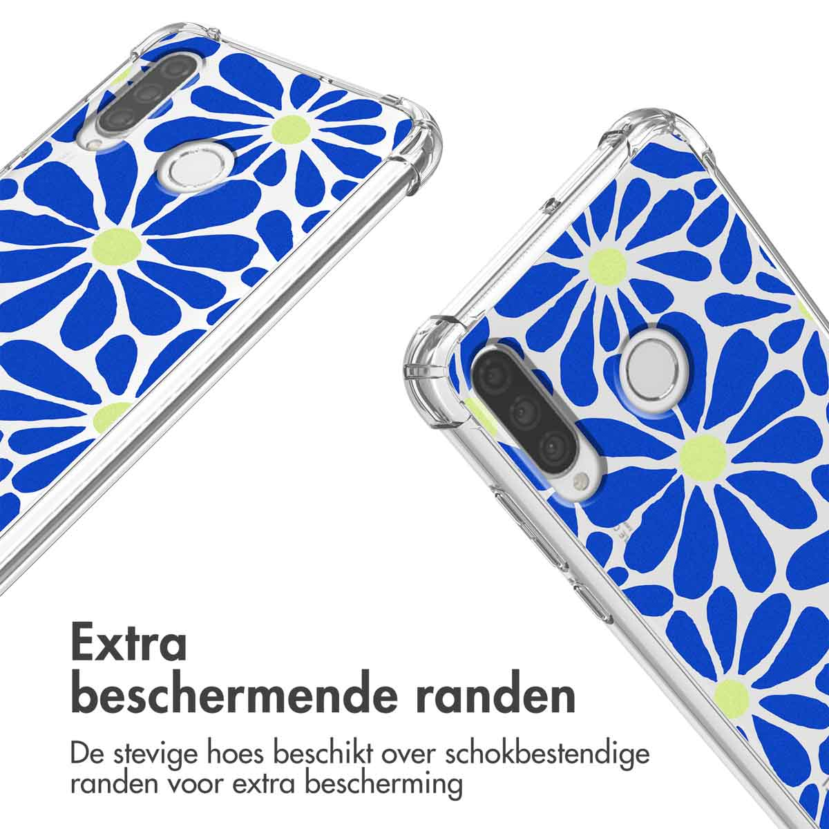 Doorzichtige telefoonhoes met blauw bloemenpatroon en gele middenstippen.