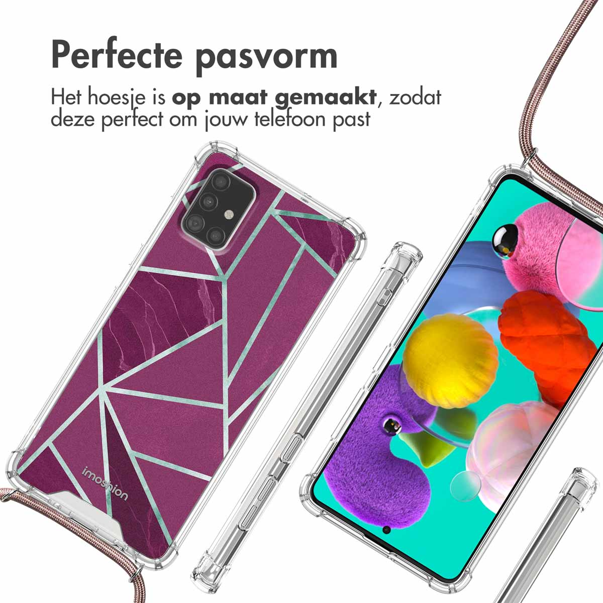 Custodie per telefono con design geometrico colorato e cinturino.