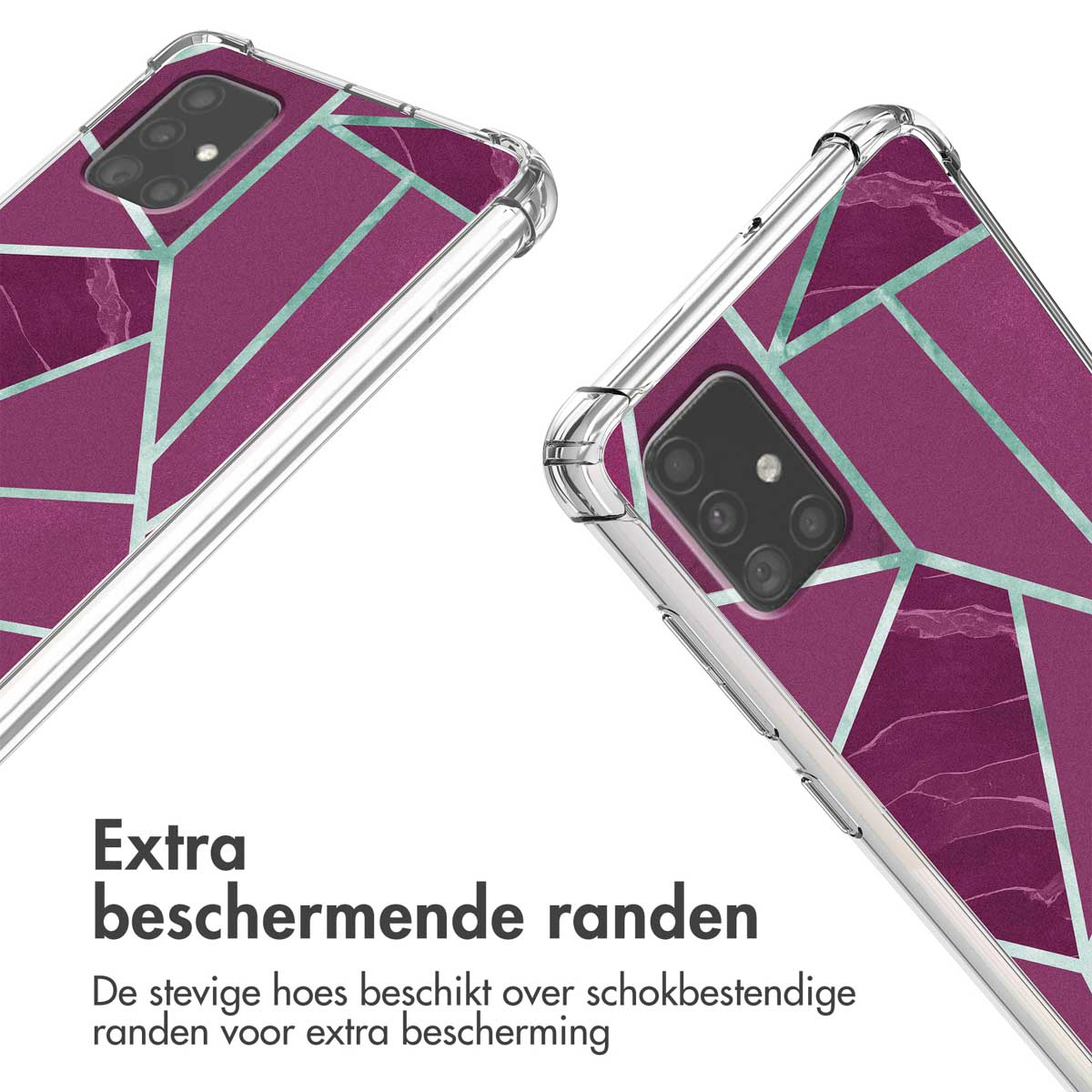 Custodia viola per telefono con motivo geometrico e bordi trasparenti.