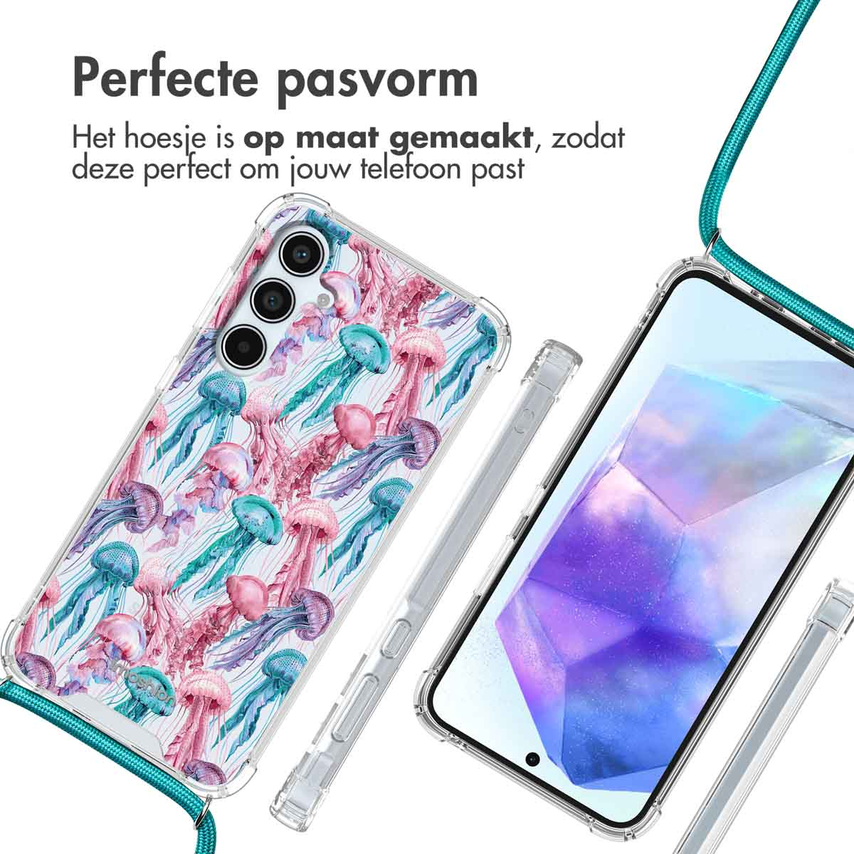Coque de téléphone avec motif de méduses, cordon turquoise. Téléphone et coque en angle.