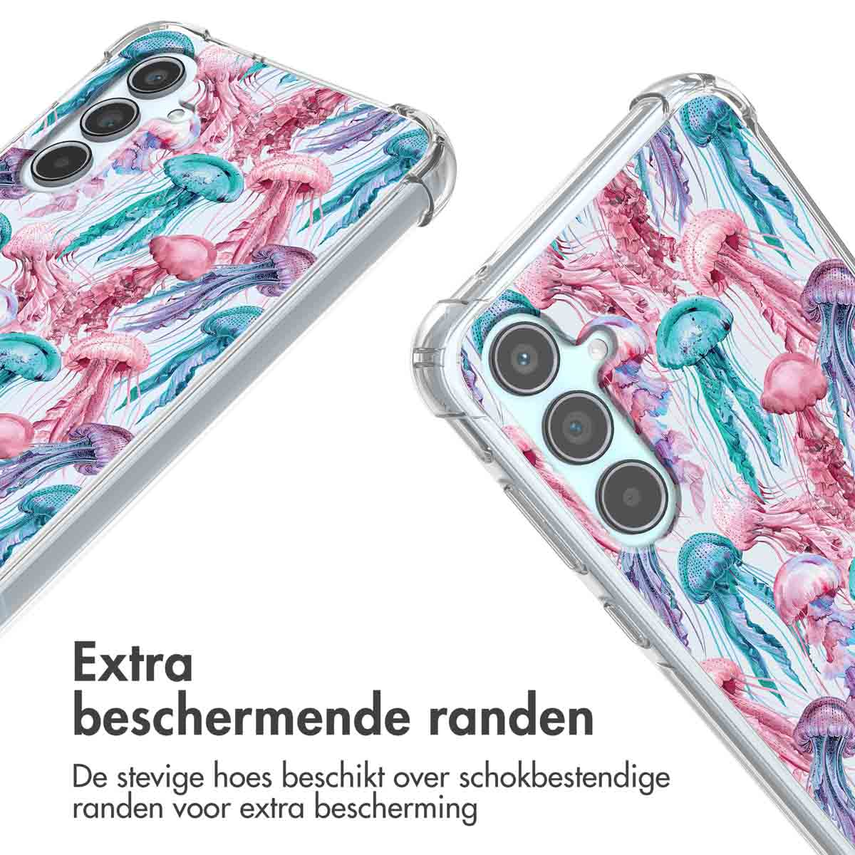 Deux étuis de téléphone avec un motif de méduses colorées sont présentés. Les étuis sont transparents.