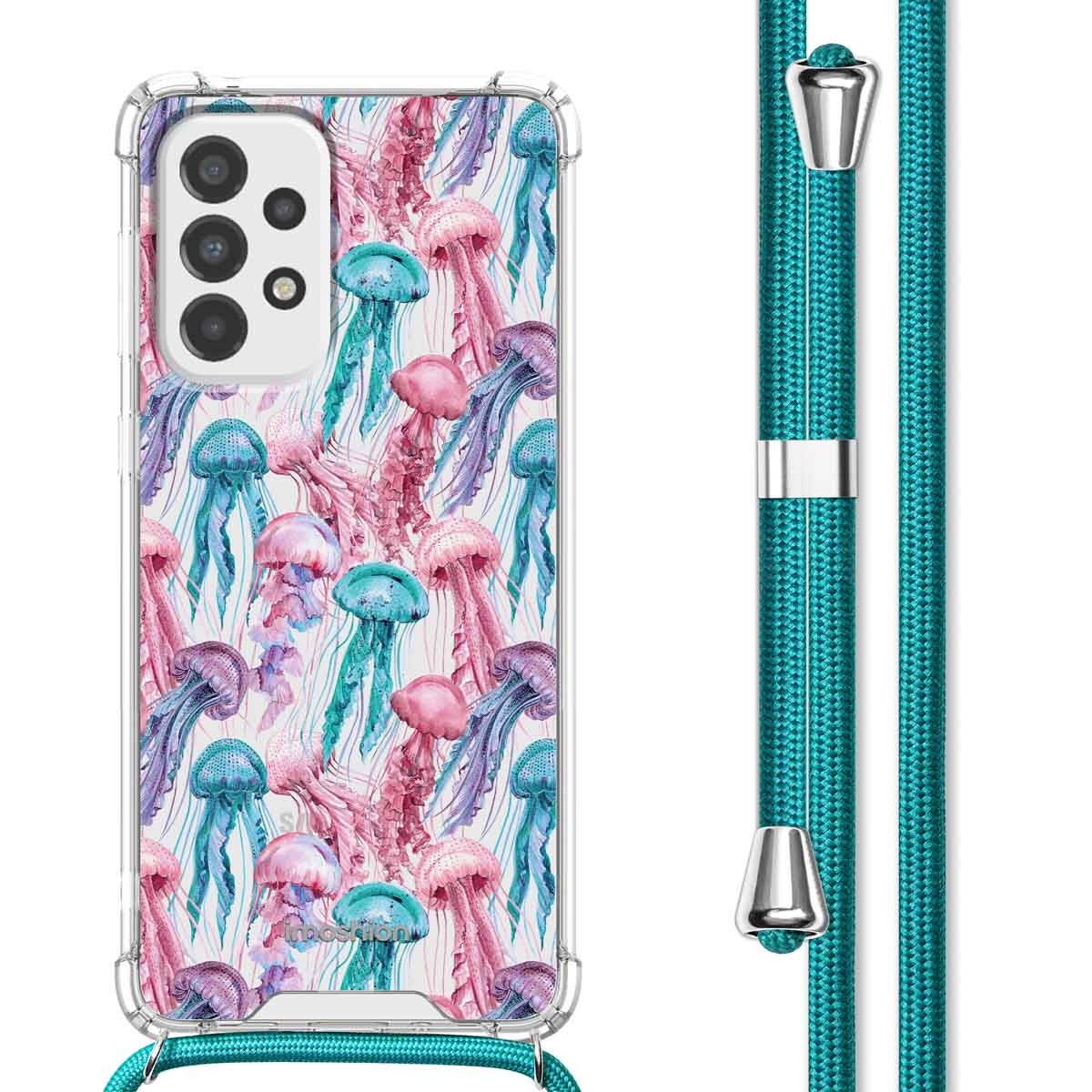 Coque de téléphone transparente avec motif méduse rose et bleu et cordon turquoise.