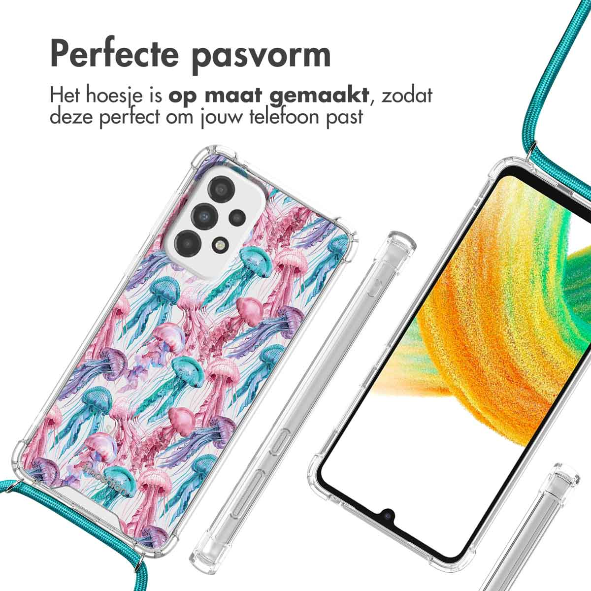 Coque de téléphone transparente à motif méduse, turquoise et rose, avec lanière.