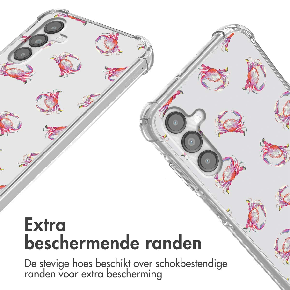 Doorzichtige telefoonhoes met patroon van rode krabben, camera's zijn zichtbaar.