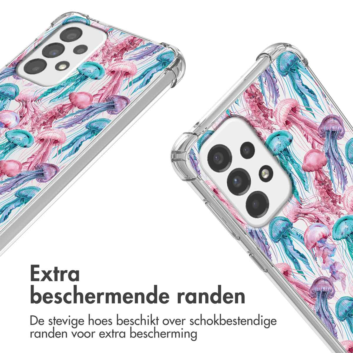 Une coque de téléphone avec un motif de méduses roses et turquoise.