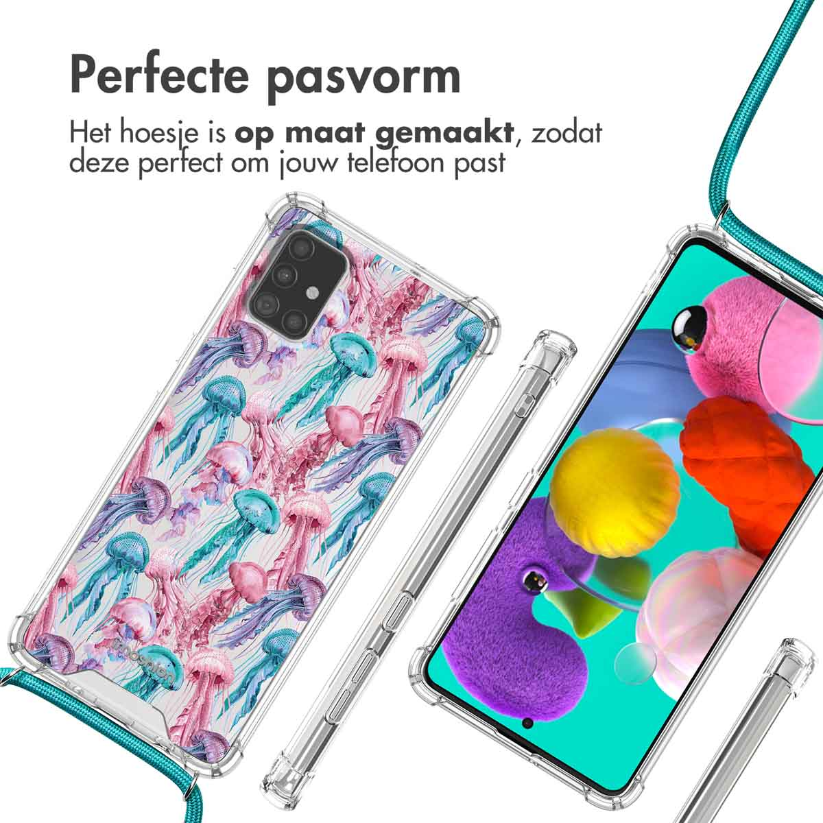 Custodie trasparenti per telefono con motivo a meduse e un telefono con icone colorate.