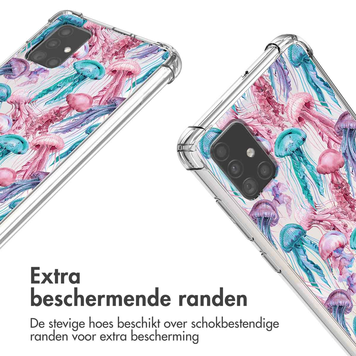 Custodia trasparente per telefono con motivo meduse rosa e turchesi.