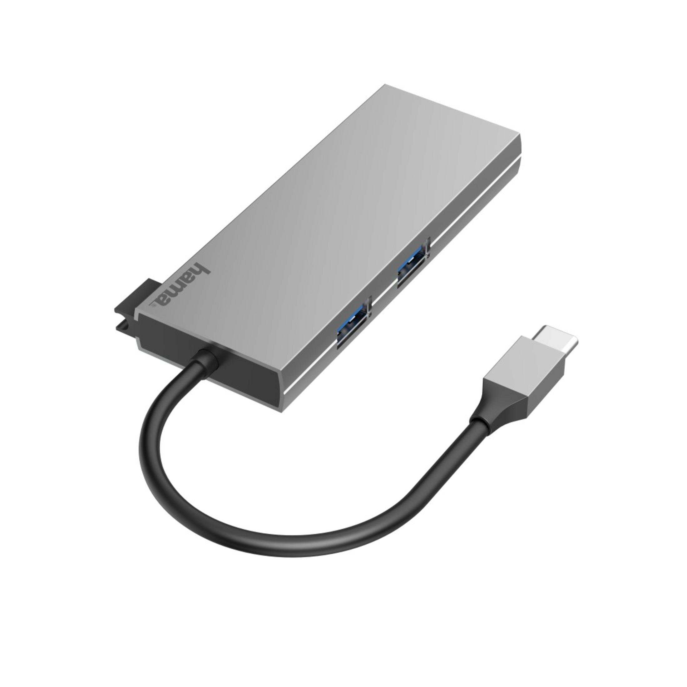 Hub USB-C argentato con porte USB e cavo nero, sfondo bianco.