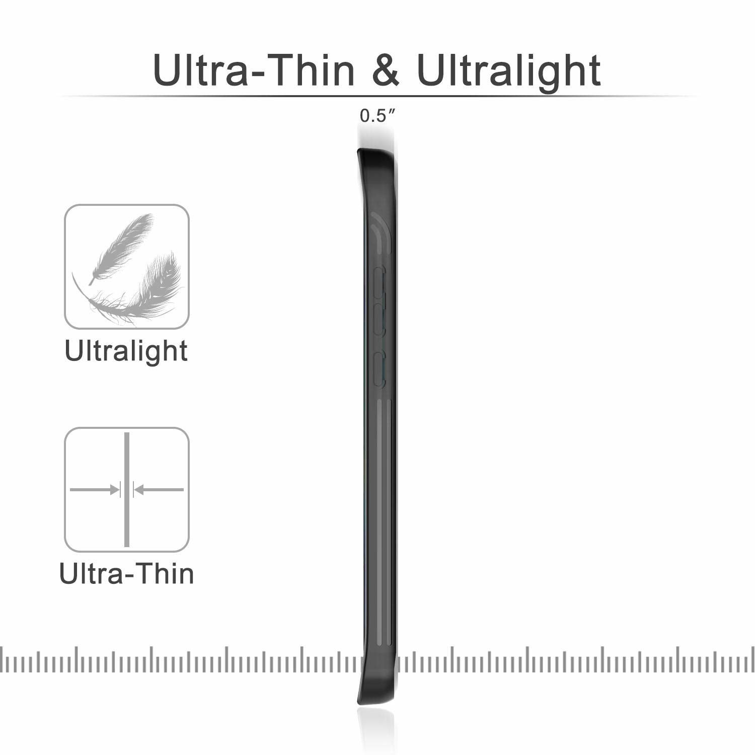 Widok z boku cienkiego czarnego etui na telefon z tekstem i linijką.