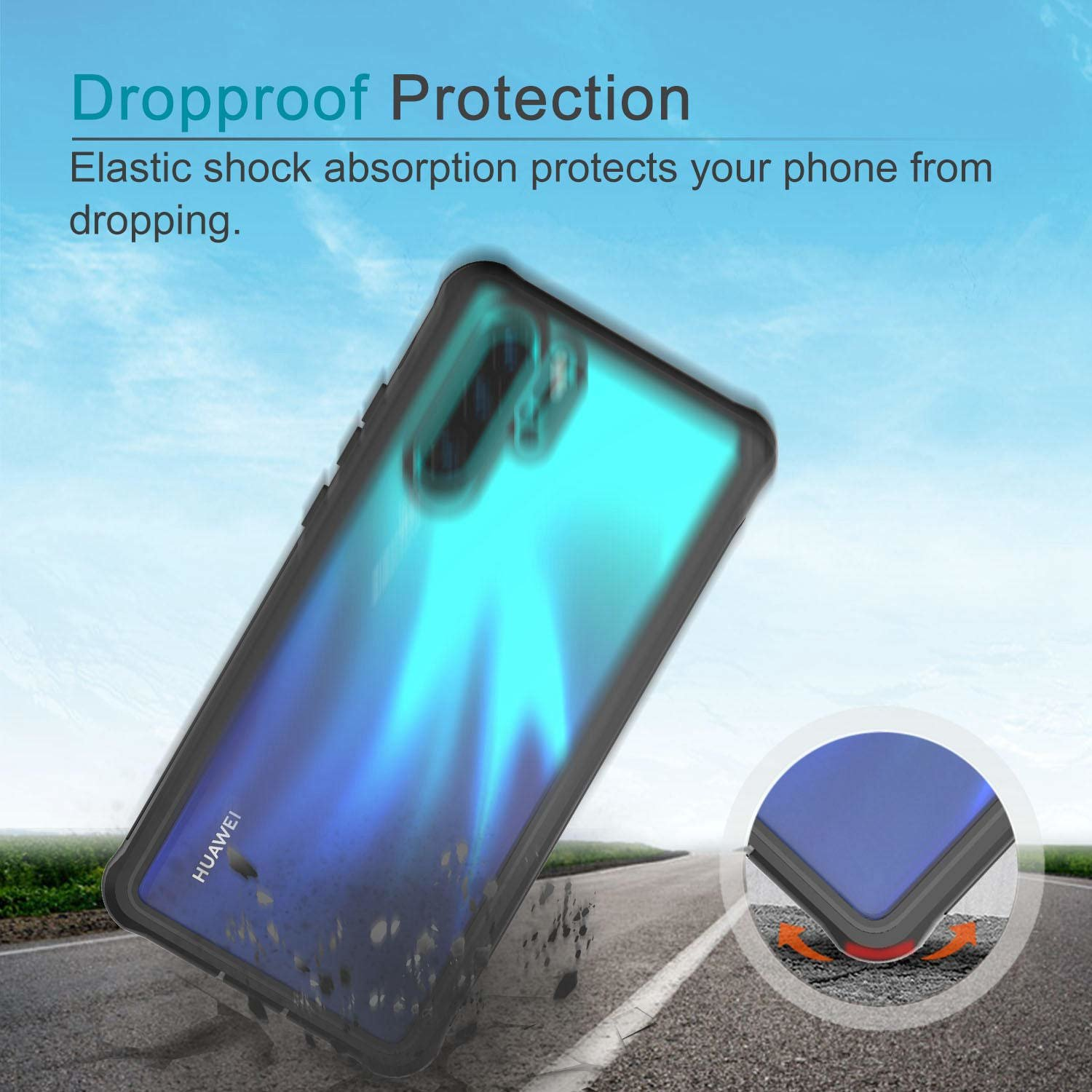 Etui na telefon z czarnym zderzakiem, turkusowym telefonem i niebieskim tłem nieba, z tekstem: Drop proof Protection.