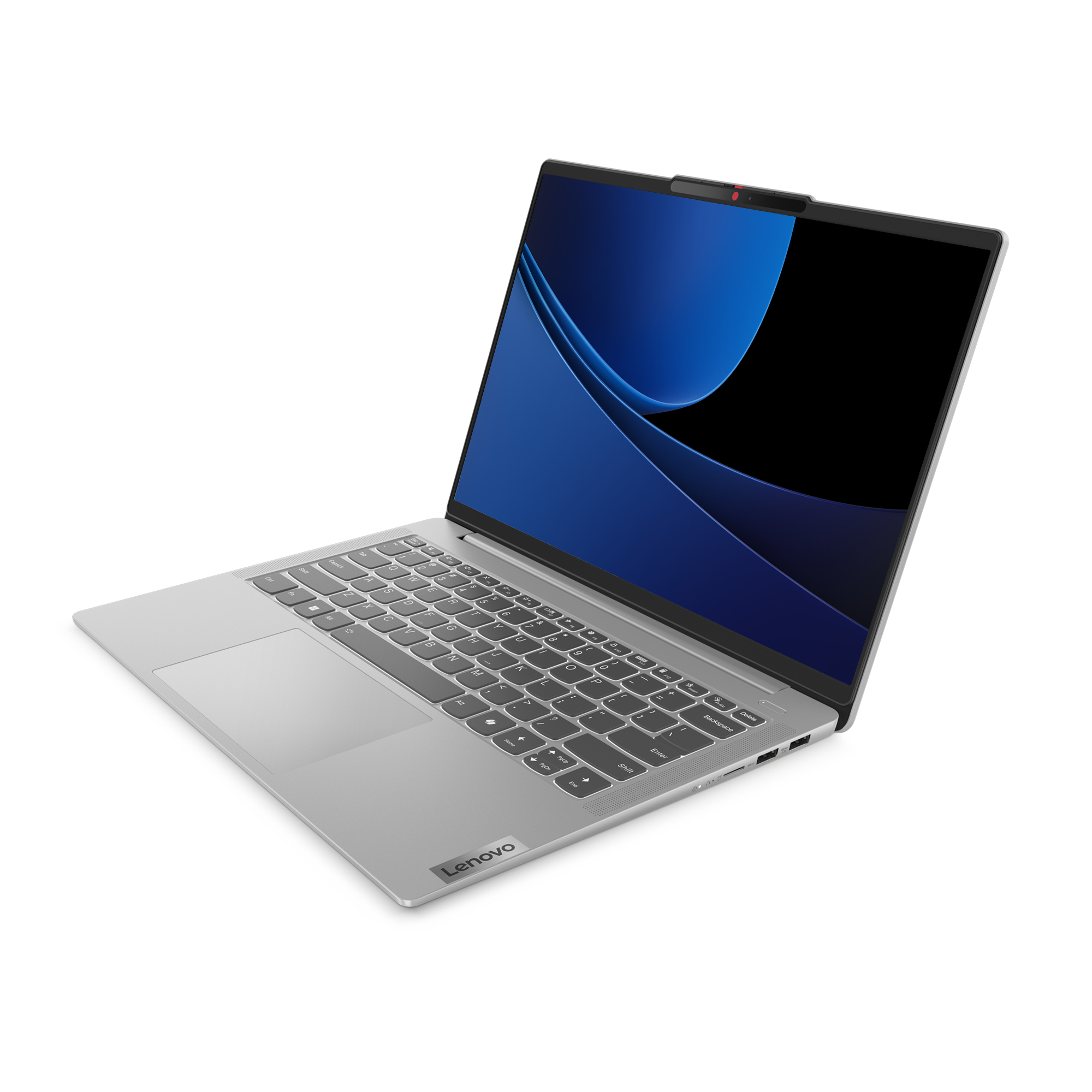 Laptop argentato con schermo blu, aperto su una superficie bianca.