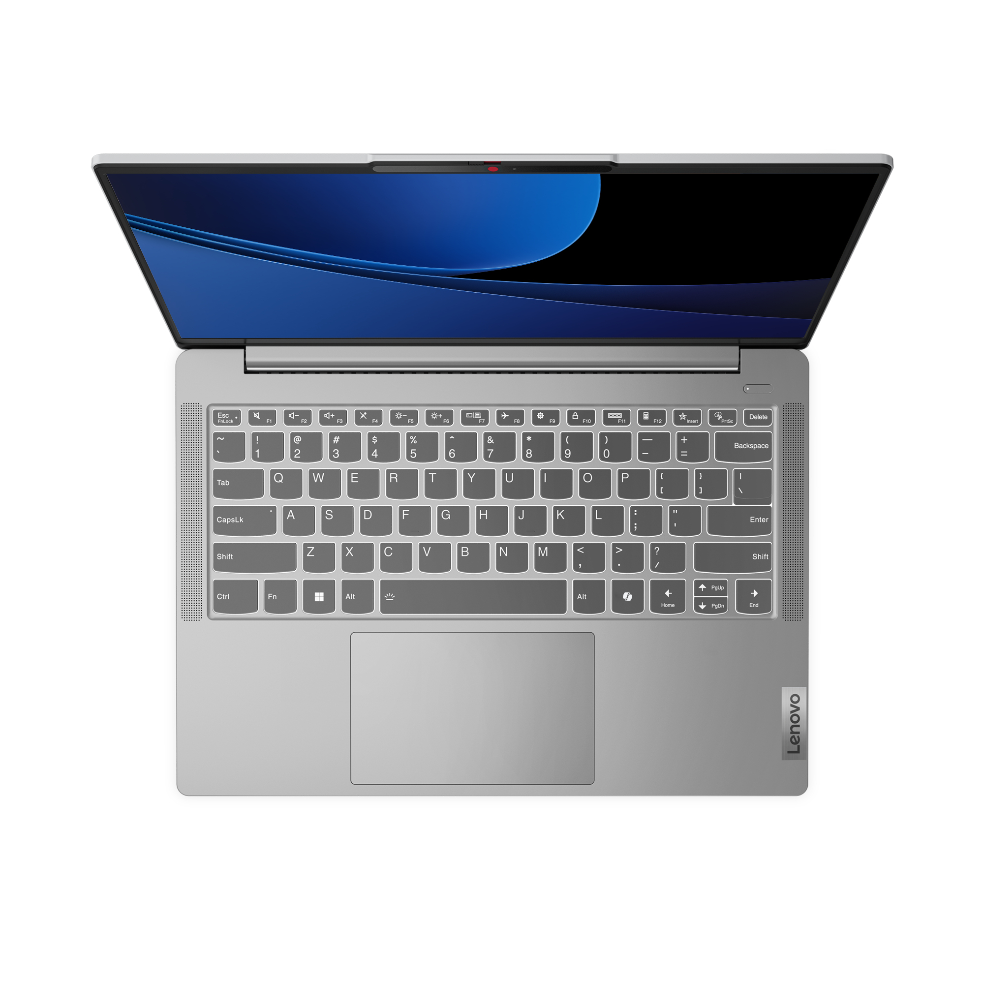 Laptop con schermo aperto, che mostra tastiera e touchpad. Colore grigio. Logo Lenovo.